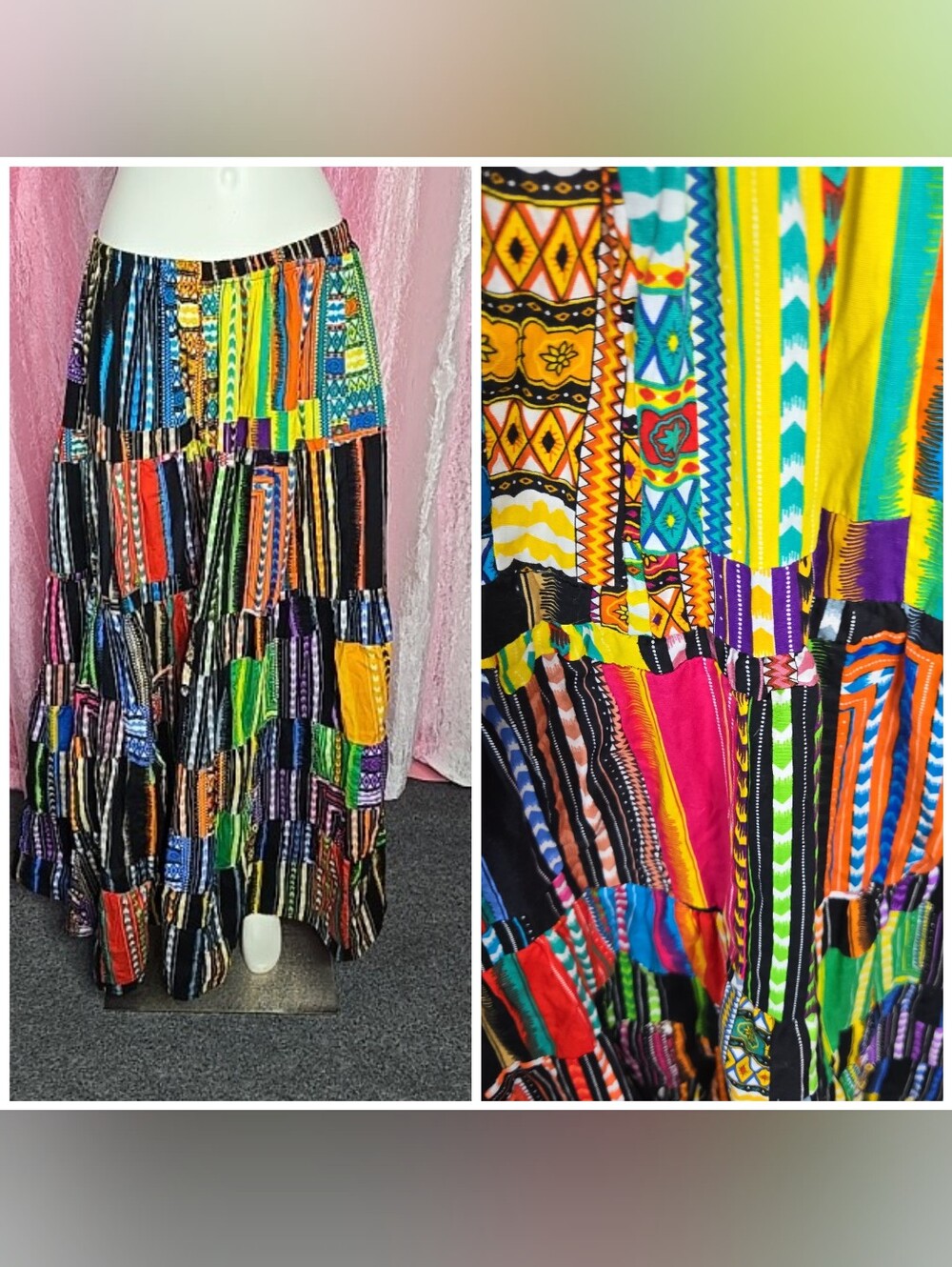 Made In Thailand Cotton Patchwork Peasant Funky Bohemian Full Skirt Size Medium
